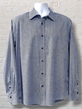 QUIETI Men’s Dress Shirt L |Blue & White Houndstooth| 100% Cotton |Made in Korea